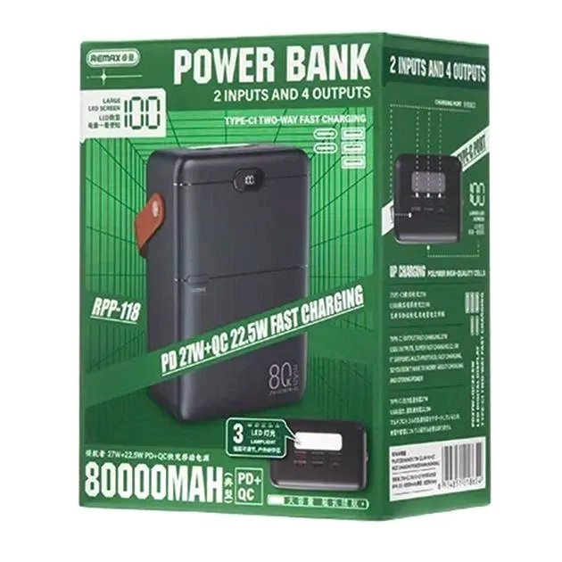 Павербанк Remax RPP-118 Piloteer Series / 80000 мАг / до 27 Вт / USB-C + USB-A / PD+QC / Чорний, фото №8 Павербанк Remax RPP-118 Piloteer Series / 80000 мАг / до 27 Вт / USB-C + USB-A / PD+QC / Чорний, фото №8