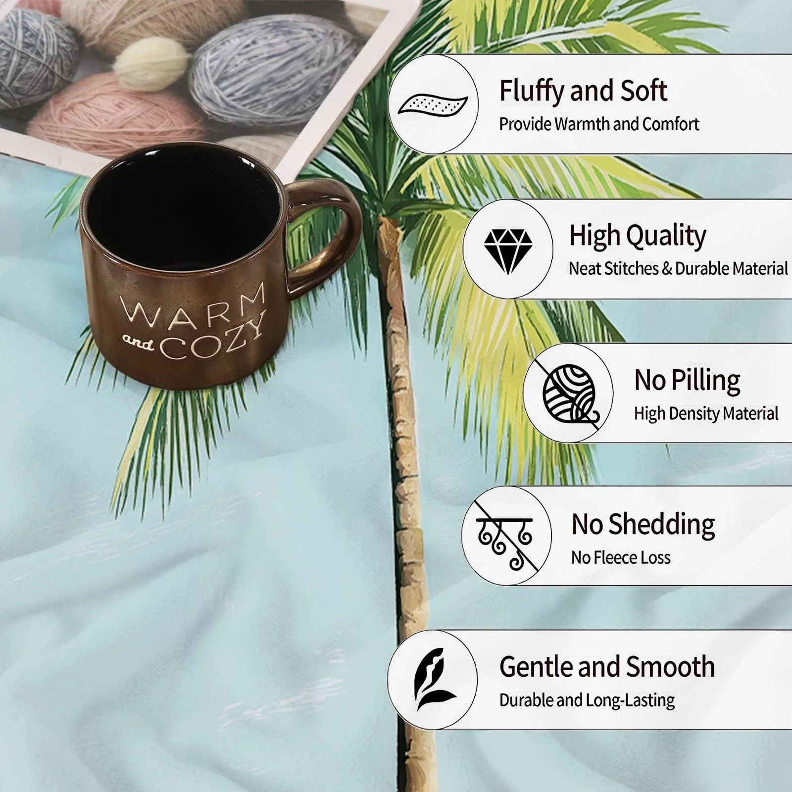 Мягкий Плед, Иллюстрация акварельных пальм Высококачественный фланелевый материал, Зеленый Синий, 130 x 150 см Уютный и теплый для детей и взрослых, фото №7