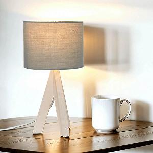 Настільна лампа Licht-Erlebnisse Bauhaus Style з дерев'яною основою та сірим тканинним абажуром E14 з кабельним вимикачем сіра - Фото 1