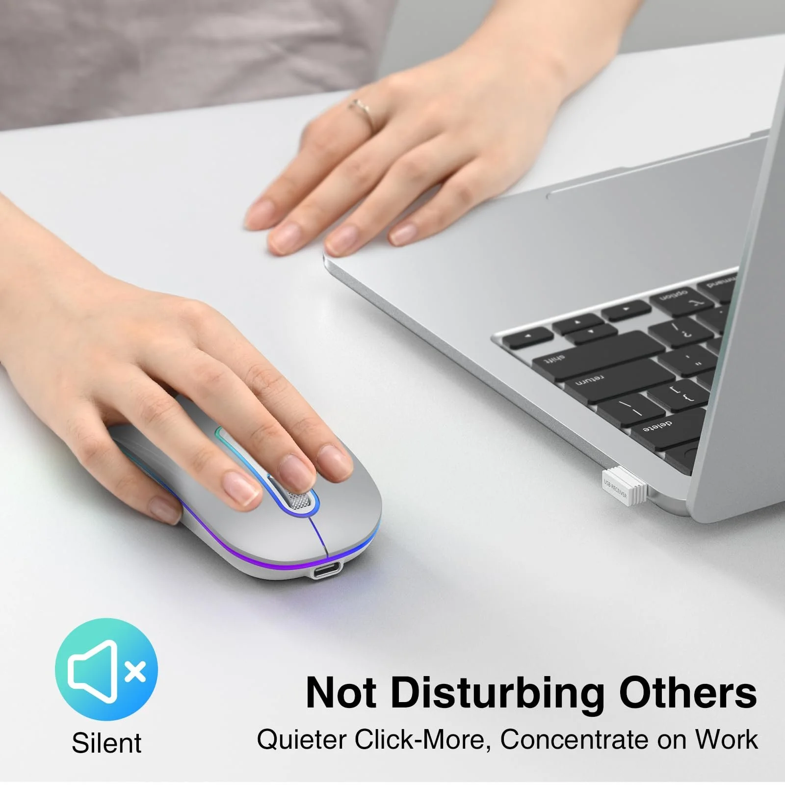 Миша Bluetooth Cimetech Wireless (Bluetooth 5.1 + USB 2.4 GHz) LED Dual Mode Rechargeable Optical Office Wireless для ноутбука MacBook Air Pro, iPad, комп'ютера, настільного ПК з адаптером USB C, фото №4