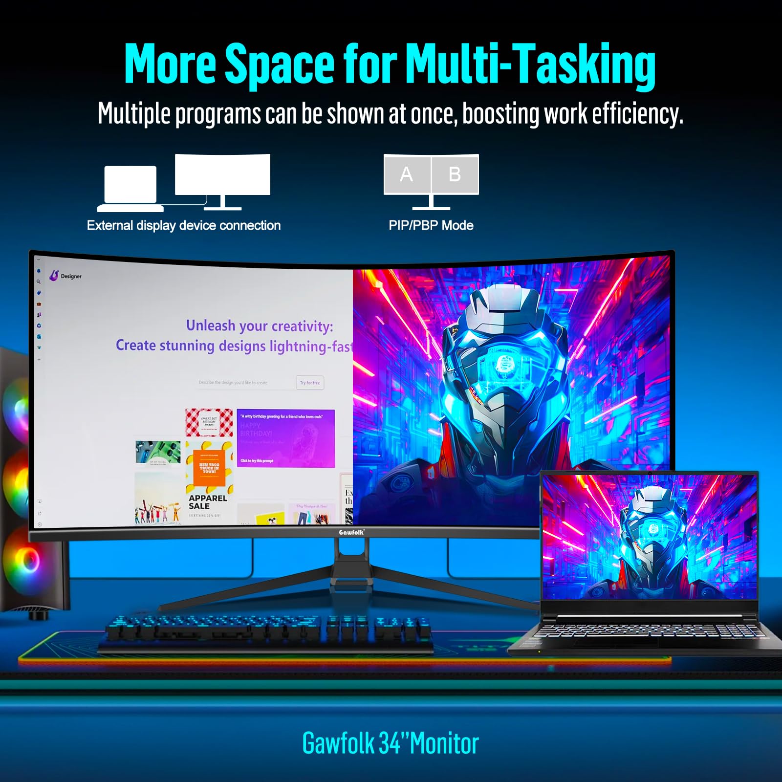 Монитор Gawfolk Gaming 34 дюйма UWQHD 3440x1440P 165 Гц 1500R VA HDMI VESA 75x75 мм, фото №3