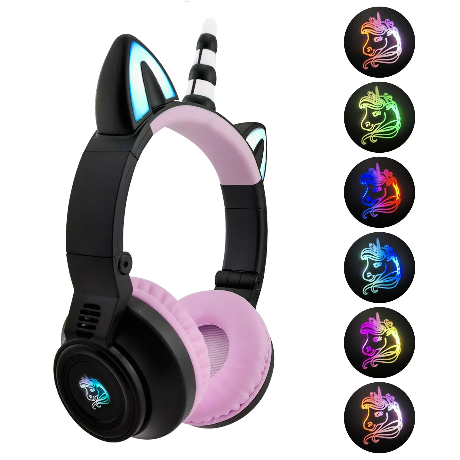 Навушники Bluetooth YUSONIC Unicorn для дівчаток хлопчиків з LED підсвіткою чорні, фото №1