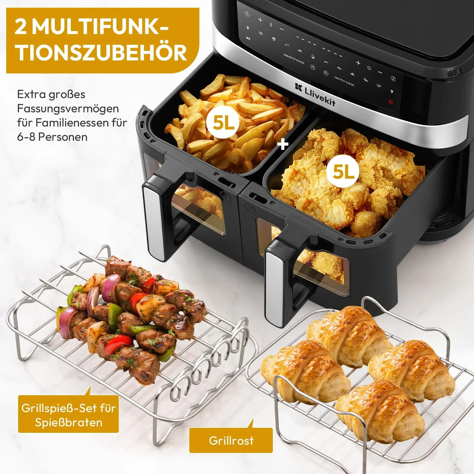 Мультипечь LLIVEKIT Dual Blaze 12-в-1 2 камеры 10 л с держателем для шампуров 2800 Вт Черная, фото №2