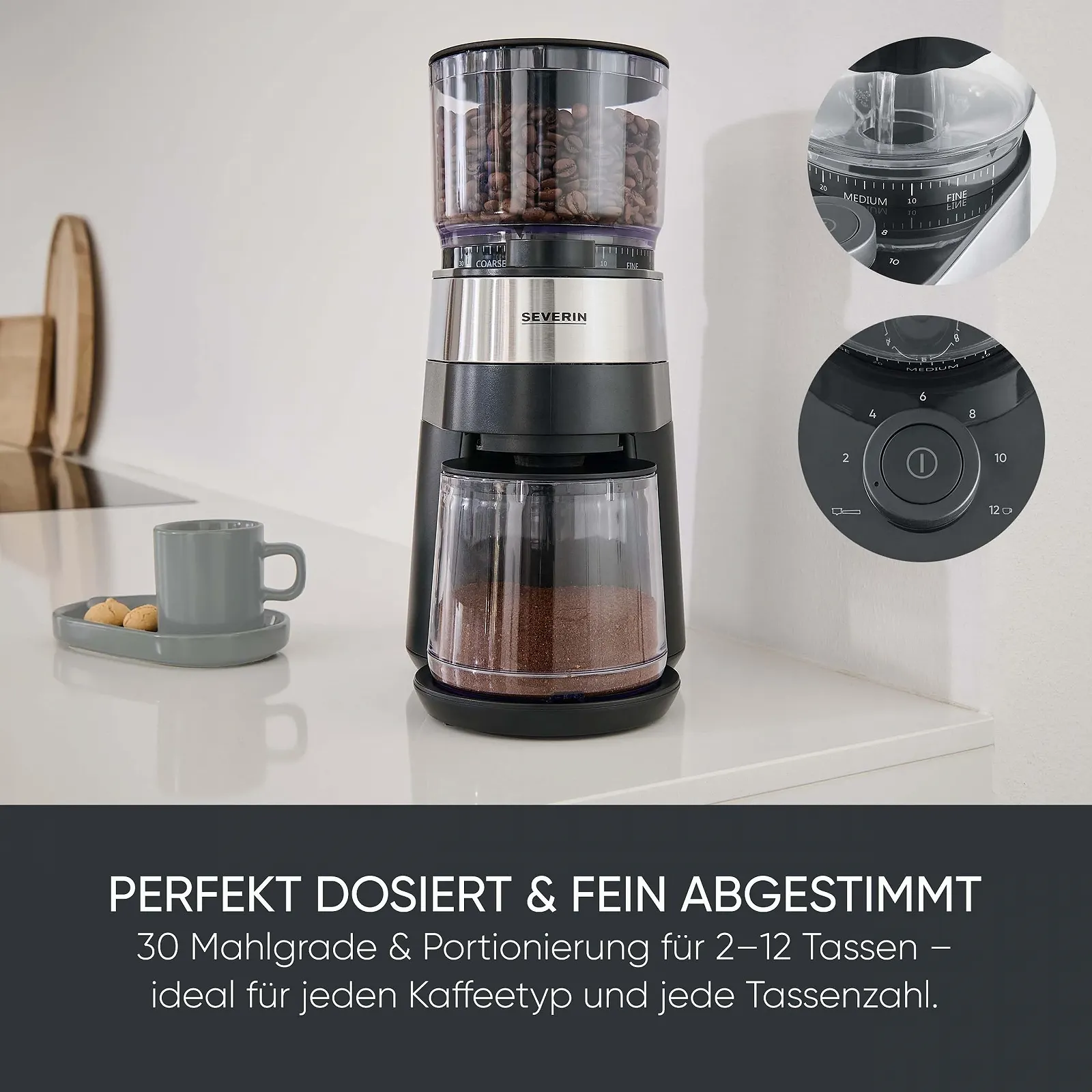 Кавомолка SEVERIN KM 3880 Електрична, Жорна, Регульоване дозування кількості, Рівень помелу регулюється на 30 рівнях, Знімний контейнер для зерен, 140 Вт, Нержавіюча сталь, фото №3 Кавомолка SEVERIN KM 3880 Електрична, Жорна, Регульоване дозування кількості, Рівень помелу регулюється на 30 рівнях, Знімний контейнер для зерен, 140 Вт, Нержавіюча сталь, фото №3