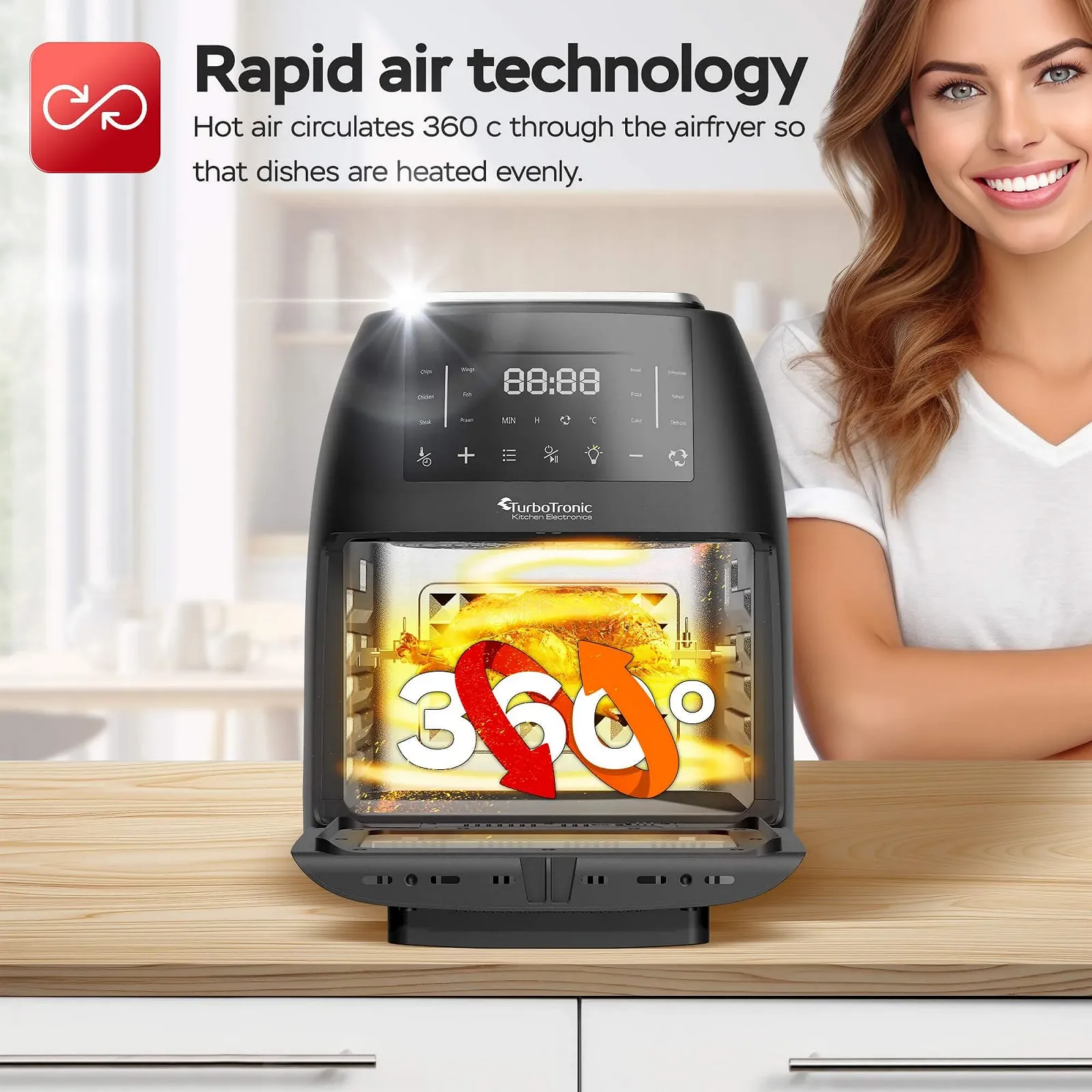 Мультипіч-дегідратор TurboTronic XXL 12 л 12 програм 40-200 °C з рожном та кошиком, що обертається Black, фото №3 Мультипіч-дегідратор TurboTronic XXL 12 л 12 програм 40-200 °C з рожном та кошиком, що обертається Black, фото №3