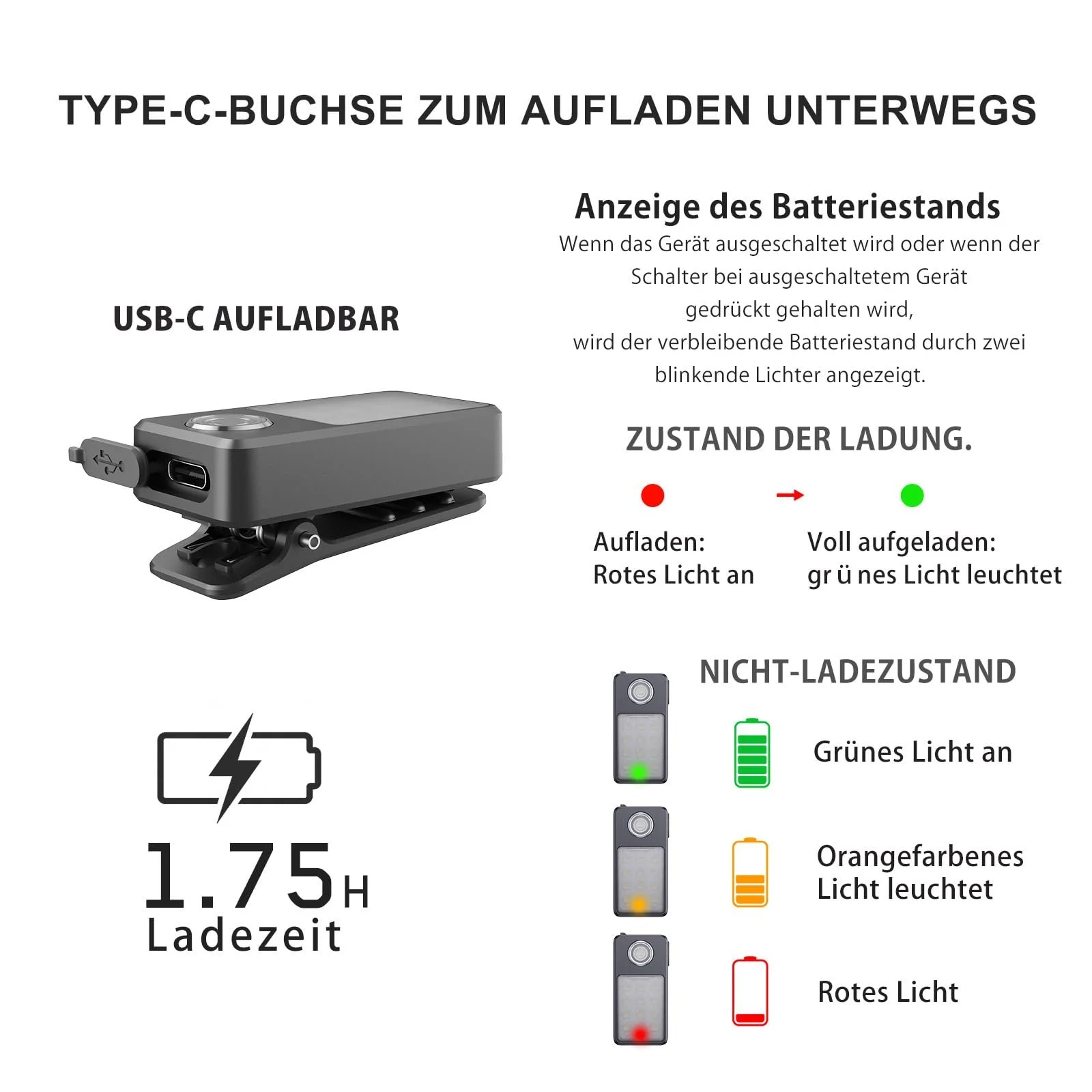 Ліхтар для бігу з USB-C, 3 рівні яскравості, комбінований прожектор і розсіяне світло 2-в-1, IPX7 водонепроникний компактний LED ліхтарик для нічних прогулянок, роботи, джогінгу, кемпінгу, фото №2