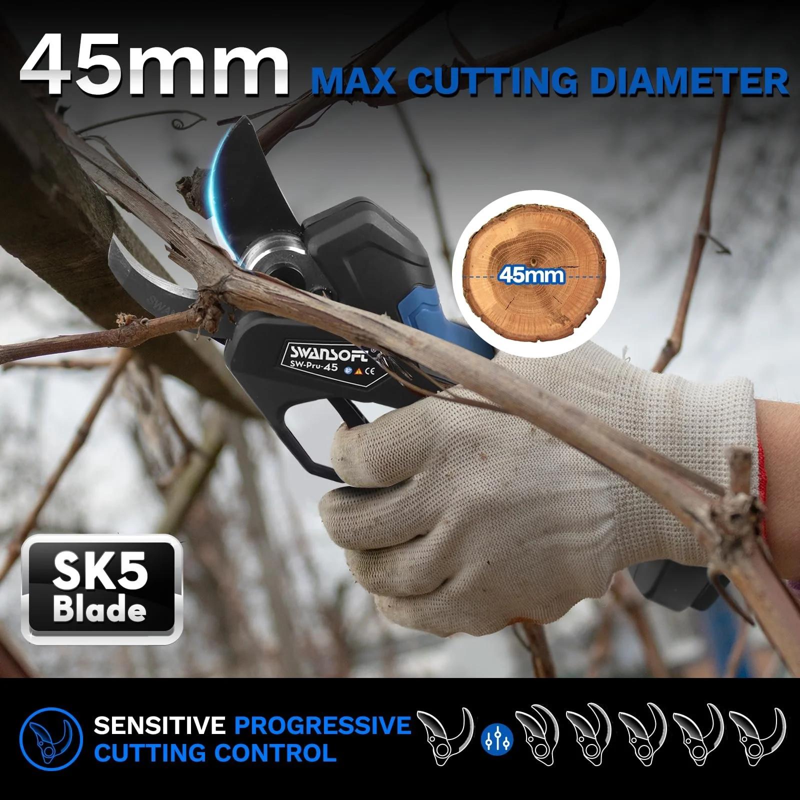 Секатор SWANSOFT акумуляторний 45 мм 1150 W для саду та телескопічні сучкорізи чорний/синій, фото №3