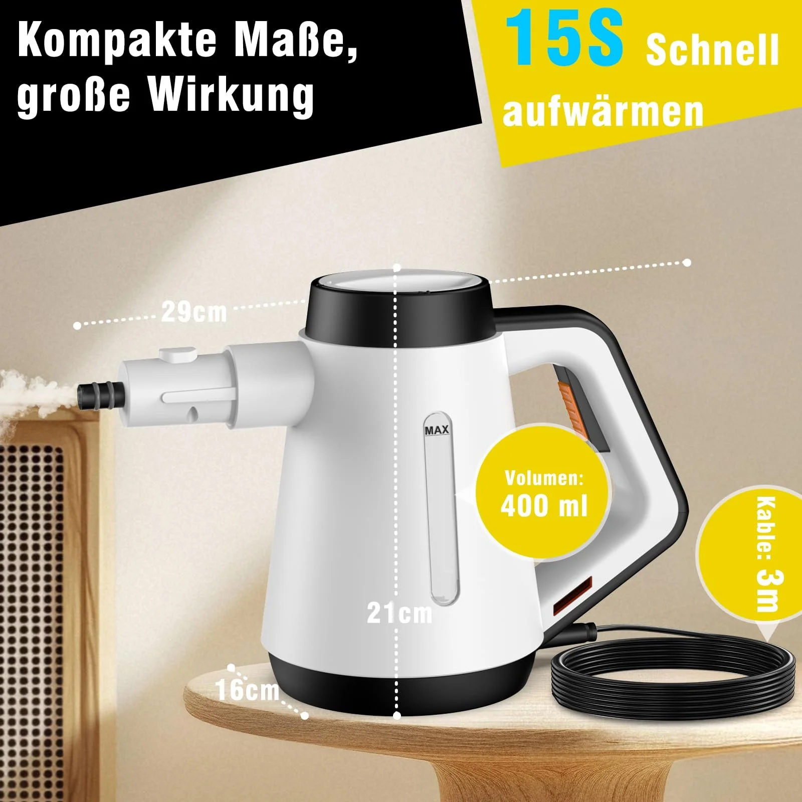 Ручний пароочисник 1200 W 400 ml 9 аксесуарів Білий, фото №2