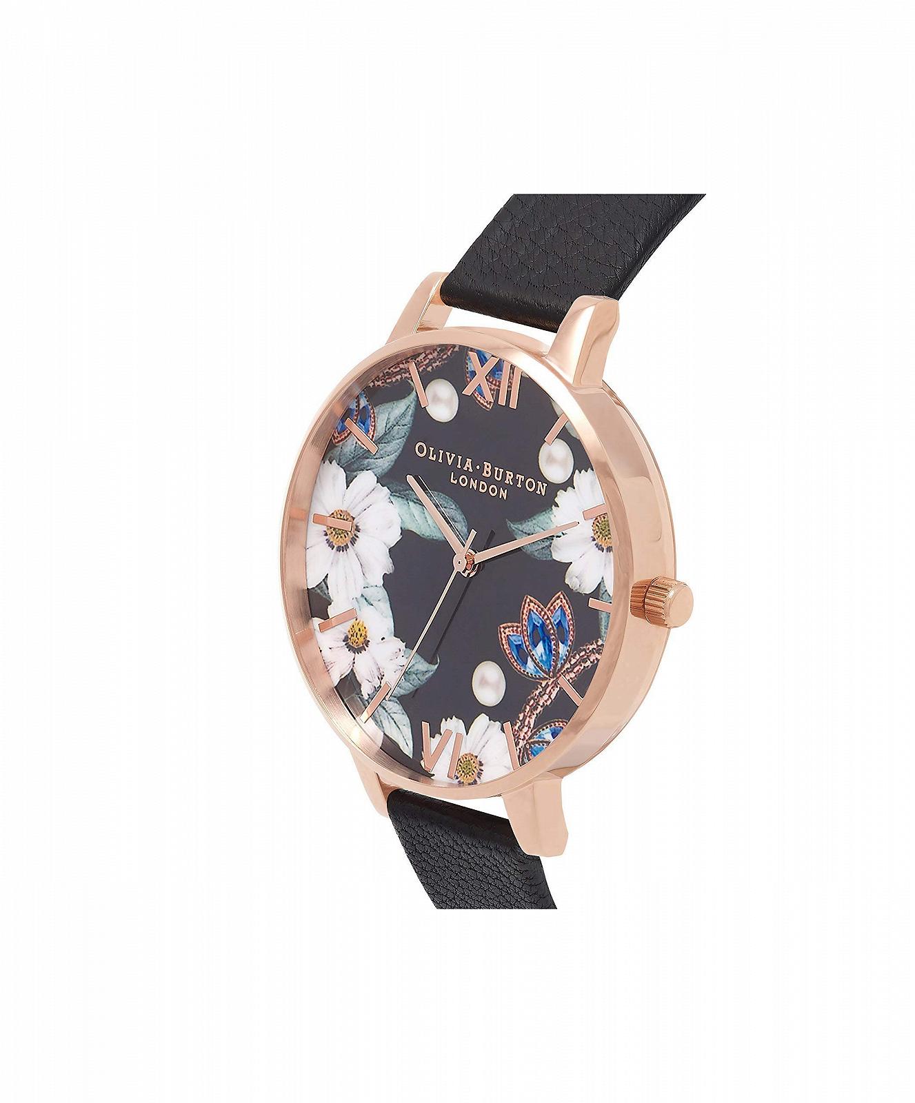 Жіночий аналоговий кварцовий годинник Olivia Burton Bejewelled Florals OB16BF04, чорний шкіряний ремінець, чорний та рожеве золото/декоративний, фото №2