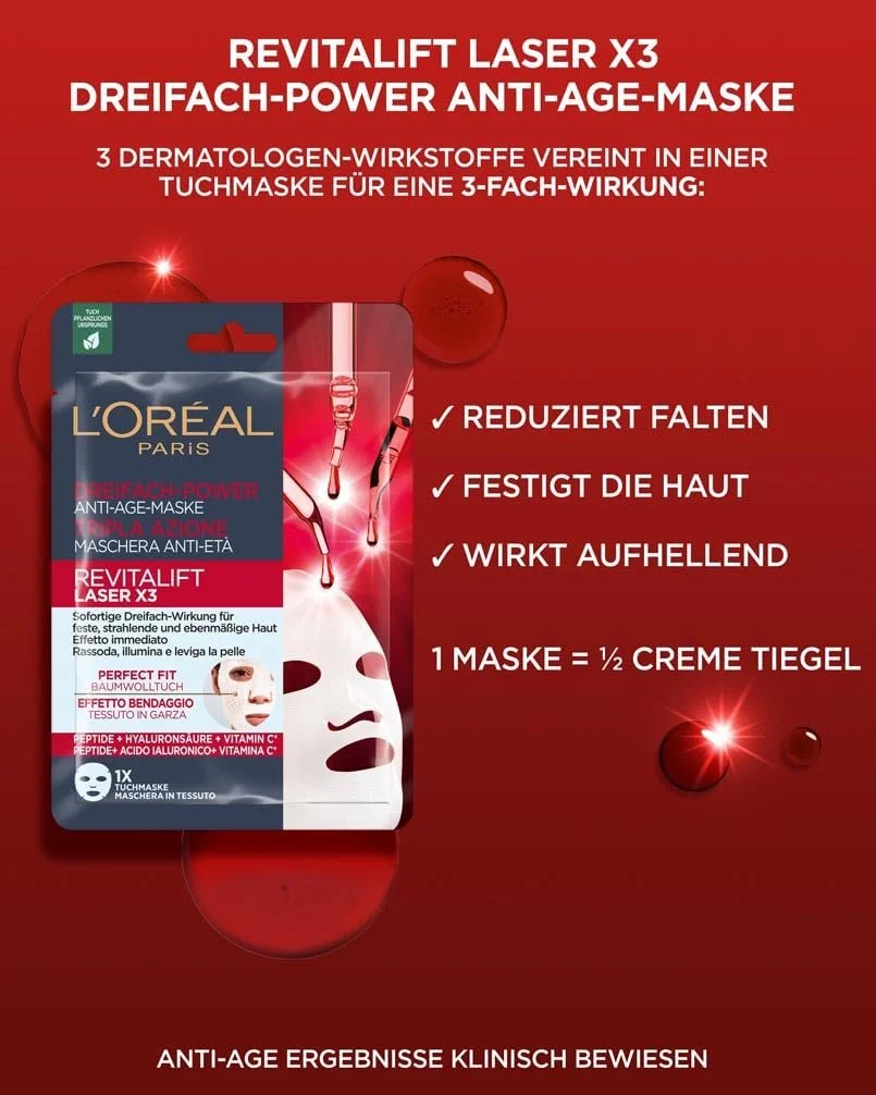 Тканевая маска L'Oréal Paris RevitaLift Laser X3 Anti-Ageing с тройным действием для женщин: для упругой, сияющей и ровной кожи с про-ретинолом, витамином C и гиалуроновой кислотой, набор из 5 штук, фото №5