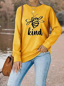Свитшот WIEIYM Be Kind Женский, с рисунком милой пчелки, с круглым вырезом горловины, смешные топы с длинными рукавами, базовый пуловер для весны, осени, зимы synthetic.ua - Фото 1