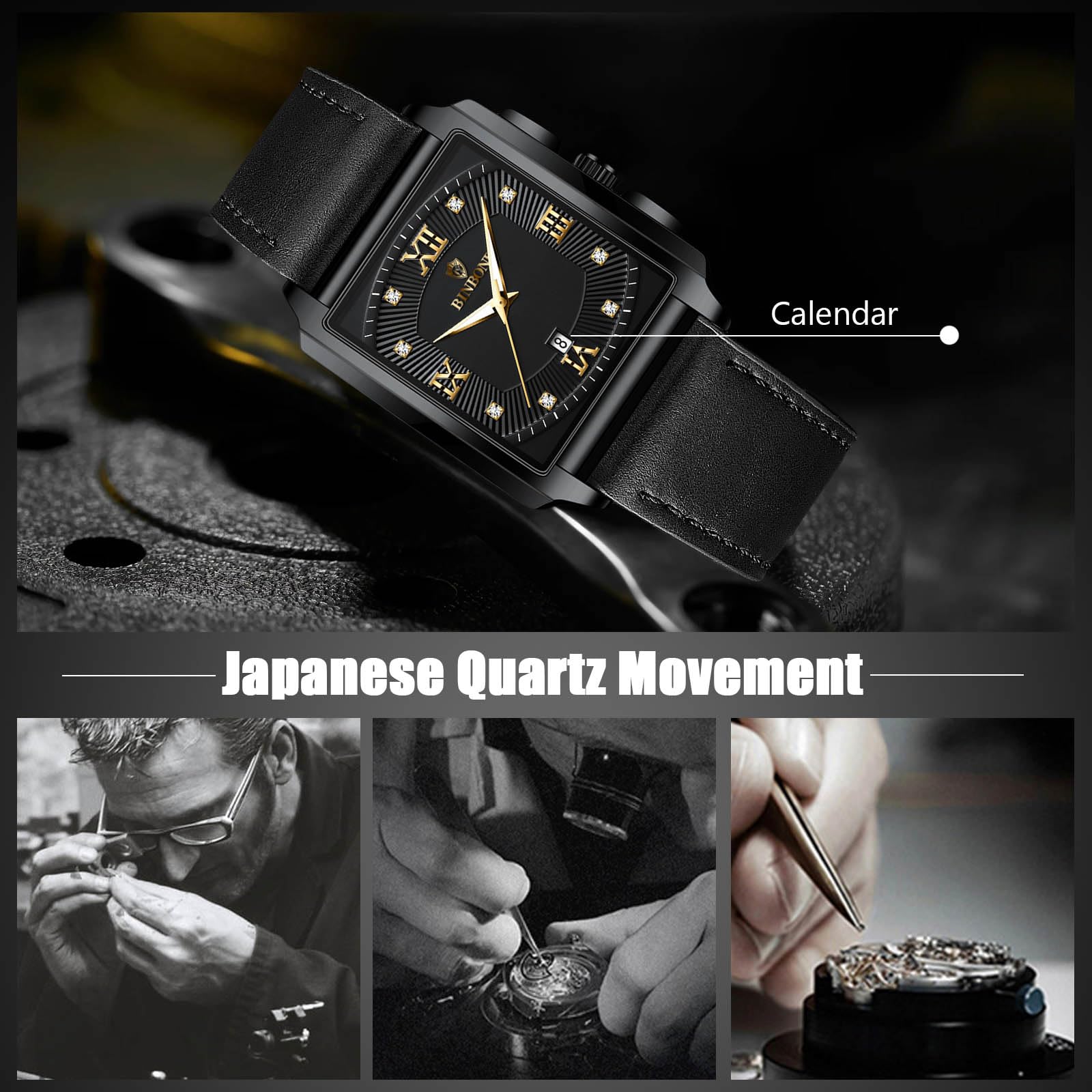 Часы rorios Кварцевые Мужские Квадратные Водонепроницаемые с Бриллиантами Календарь Светящийся Нержавеющая Сталь, фото №3