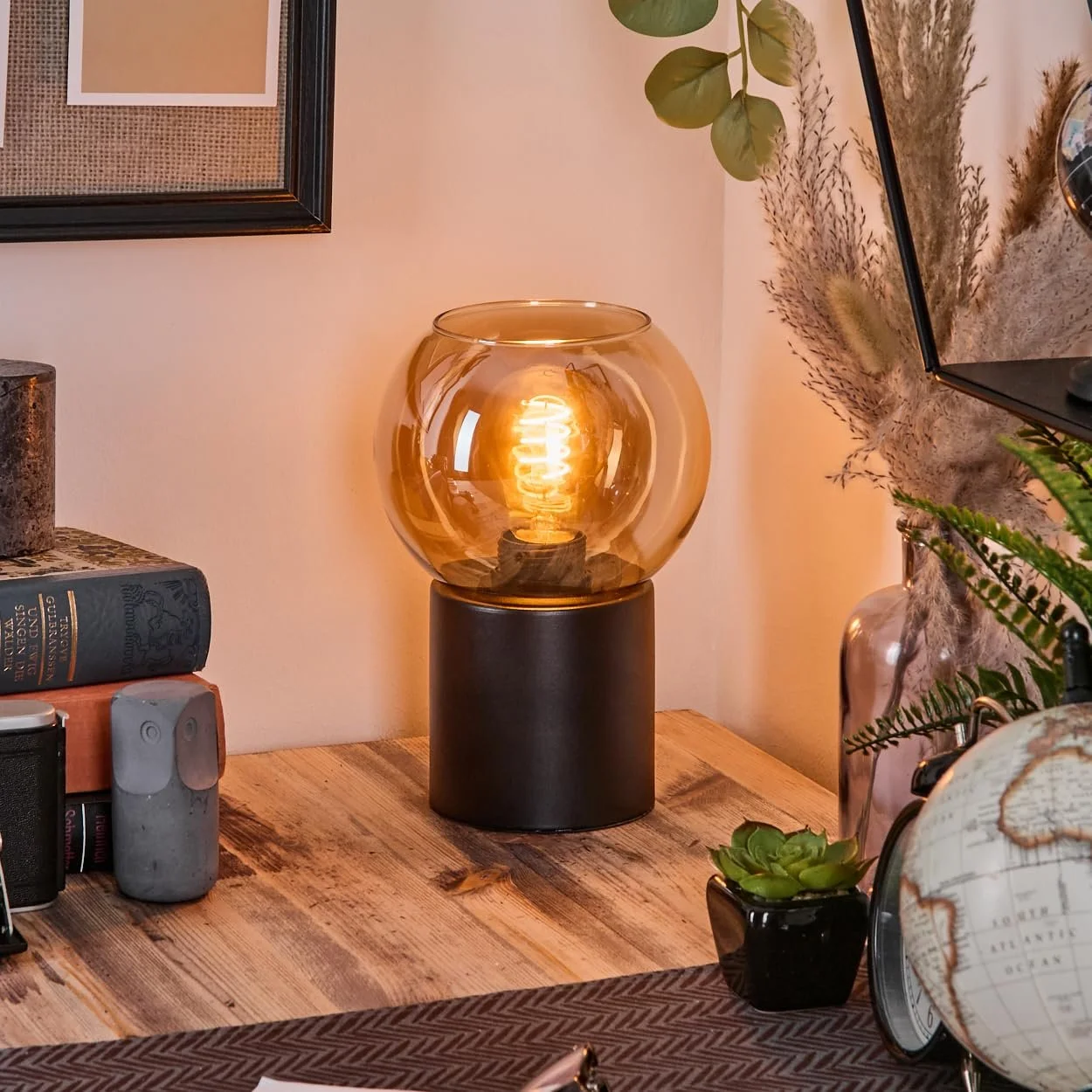 Настільна лампа HOFSTEIN Koyoto метал/скло 15 см E27 чорно-бурштинова, фото №7