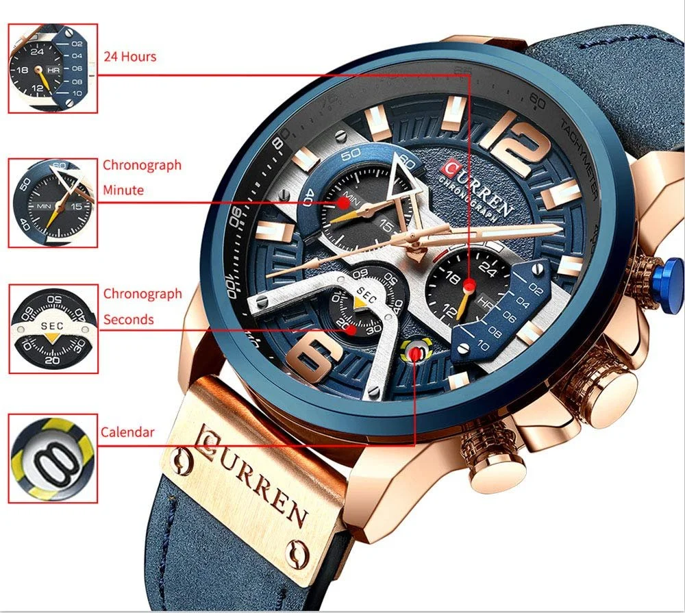 Мужские Кварцевые Аналоговые Наручные Часы Curren с Календарем Chronograph, синий, фото №3