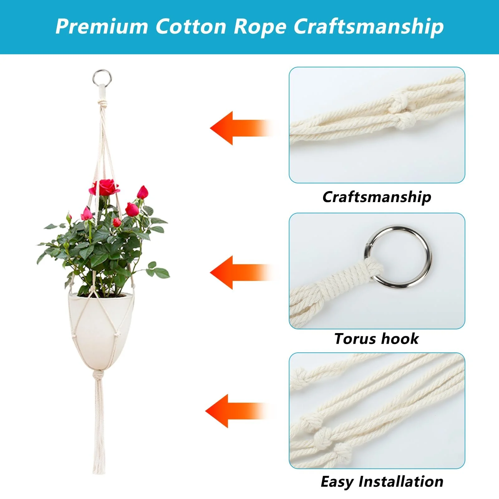 Кошик підвісний макраме Набір 2 шт. Бавовняна мотузка з гачками Білий, фото №3