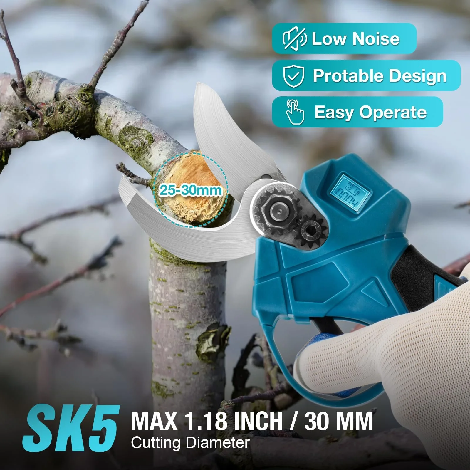 Електричні садові ножиці Makita 15-30 мм 21 V, сині (без акумулятора), фото №2 Електричні садові ножиці Makita 15-30 мм 21 V, сині (без акумулятора), фото №2