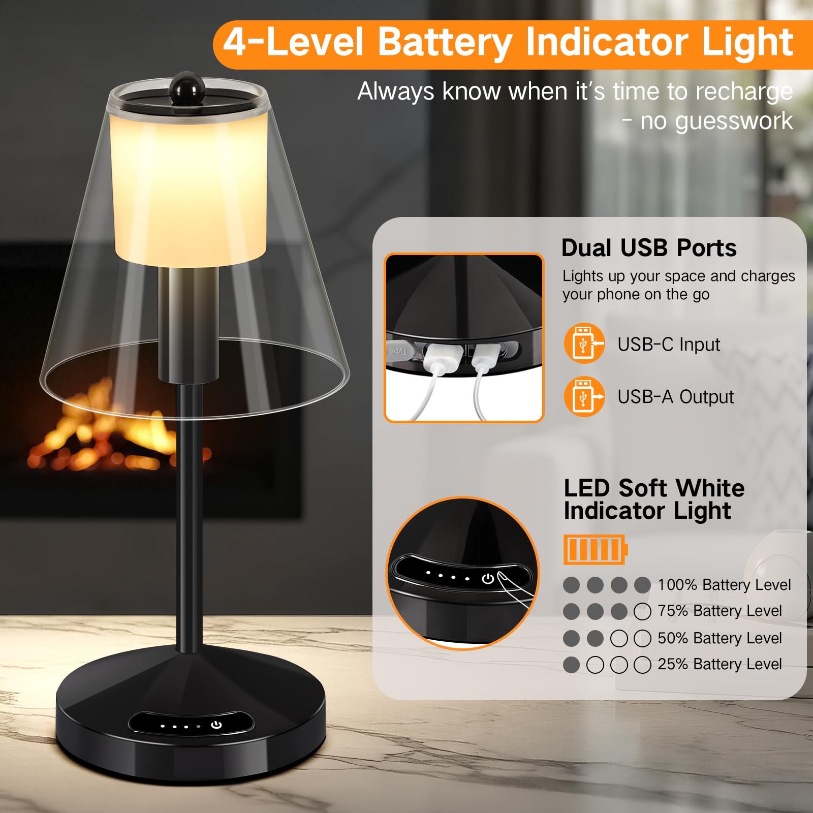 Настільна лампа LED OUTON Бездротова Сенсорна 3 режими 4000 mAh USB-C 120 год Пам'ять IP54 Золота, фото №4