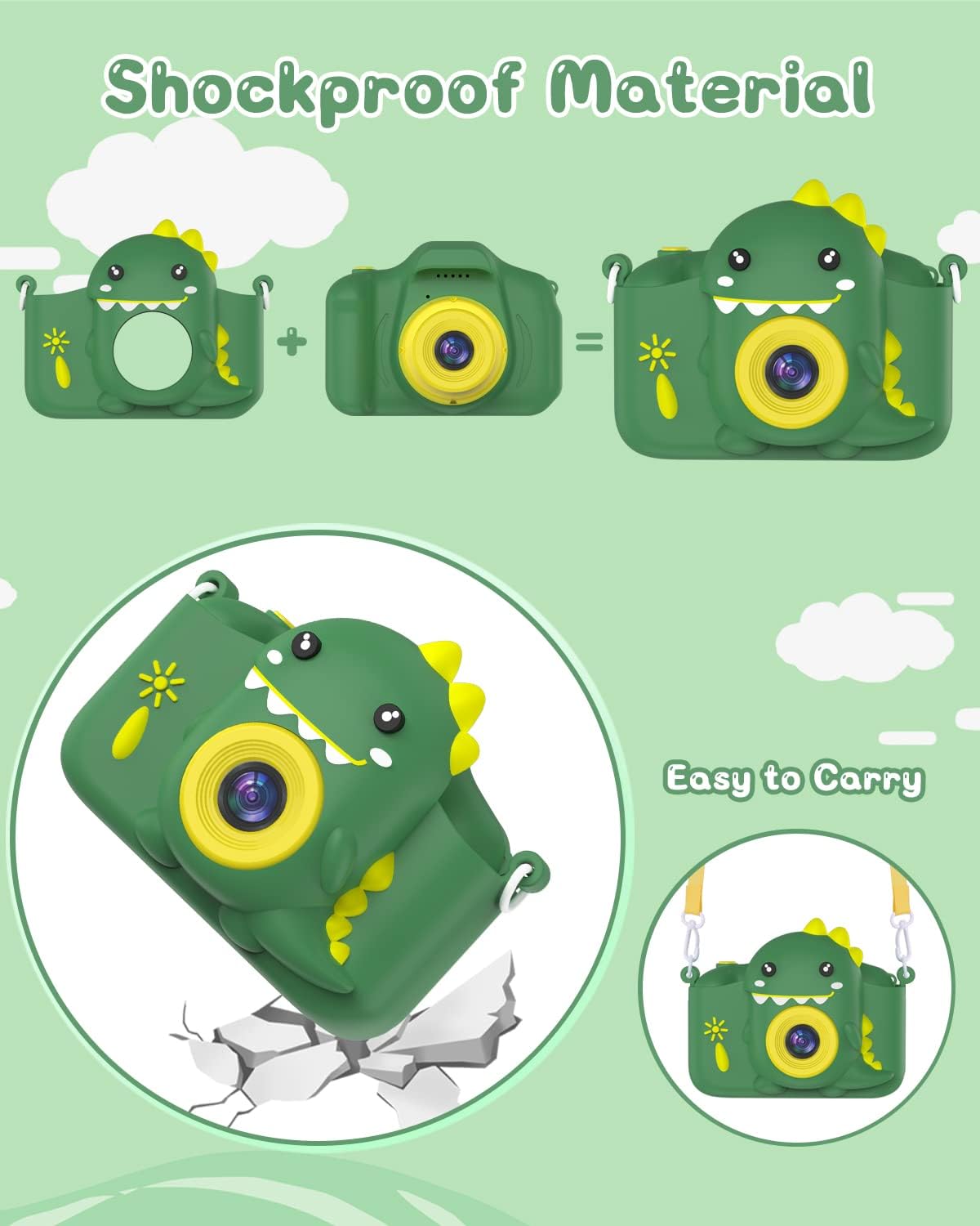 Детская камера Gofunly Dinosaur 1080P 20MP 2.0 дюйма 32GB Зеленая, фото №5