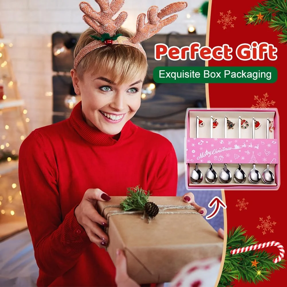 Набор рождественских ложек, 6 штук, кофейные ложки, нержавеющая сталь, длинная ложка с рождественским кулоном, рождественское украшение стола, рождественские столовые приборы, ложка для перемешивания рождественского десертного чая с подарочной коробкой, фото №7