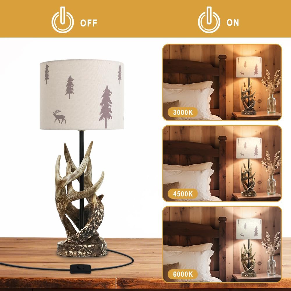 Настільна лампа зі смоли в рустикальному стилі тканинний абажур з мотивом оленя та дерева основа у вигляді рогів коричнева бежева, фото №4