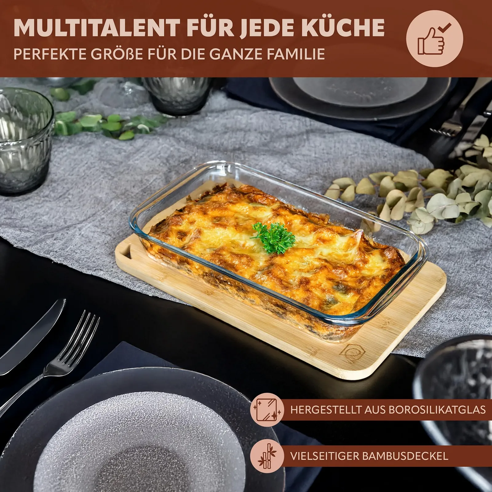 Форма для запекания eluno 2,2 л стеклянная с бамбуковой крышкой прямоугольная, фото №2