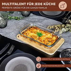 Форма для запекания eluno 2,2 л стеклянная с бамбуковой крышкой прямоугольная synthetic.ua - Фото 1