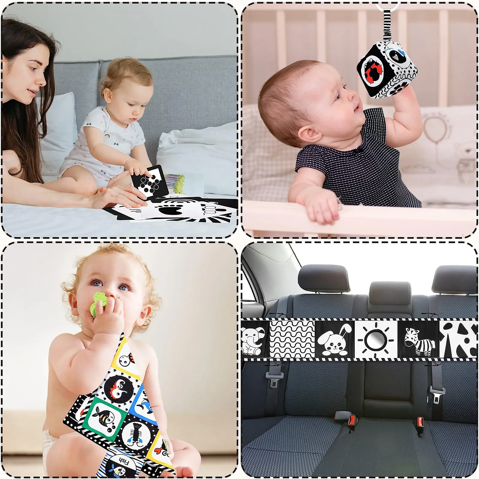 Контрастна Книга HappyKidsClub Чорно-Біла Іграшка для Малюків, Ланцюжок для Коляски Іграшка Монтессорі, 059-A, фото №5
