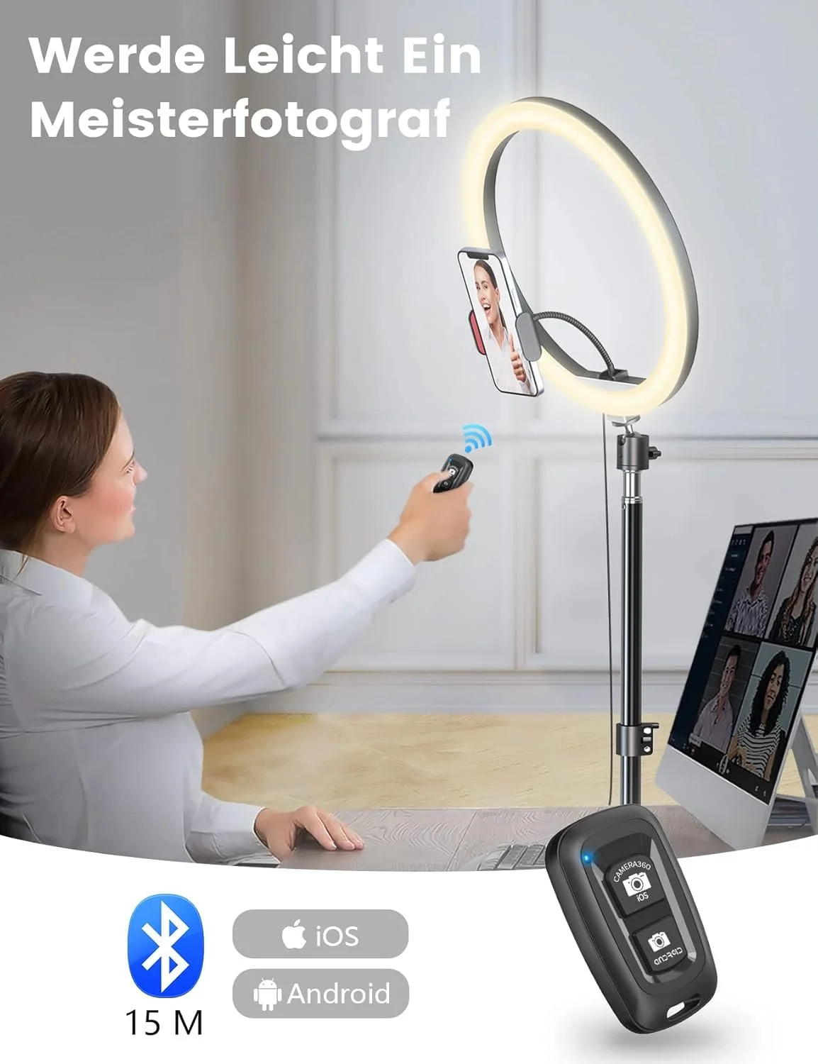 Кільцева лампа Pnitri PNR01 32 см з штативом для телефона Чорний, фото №5