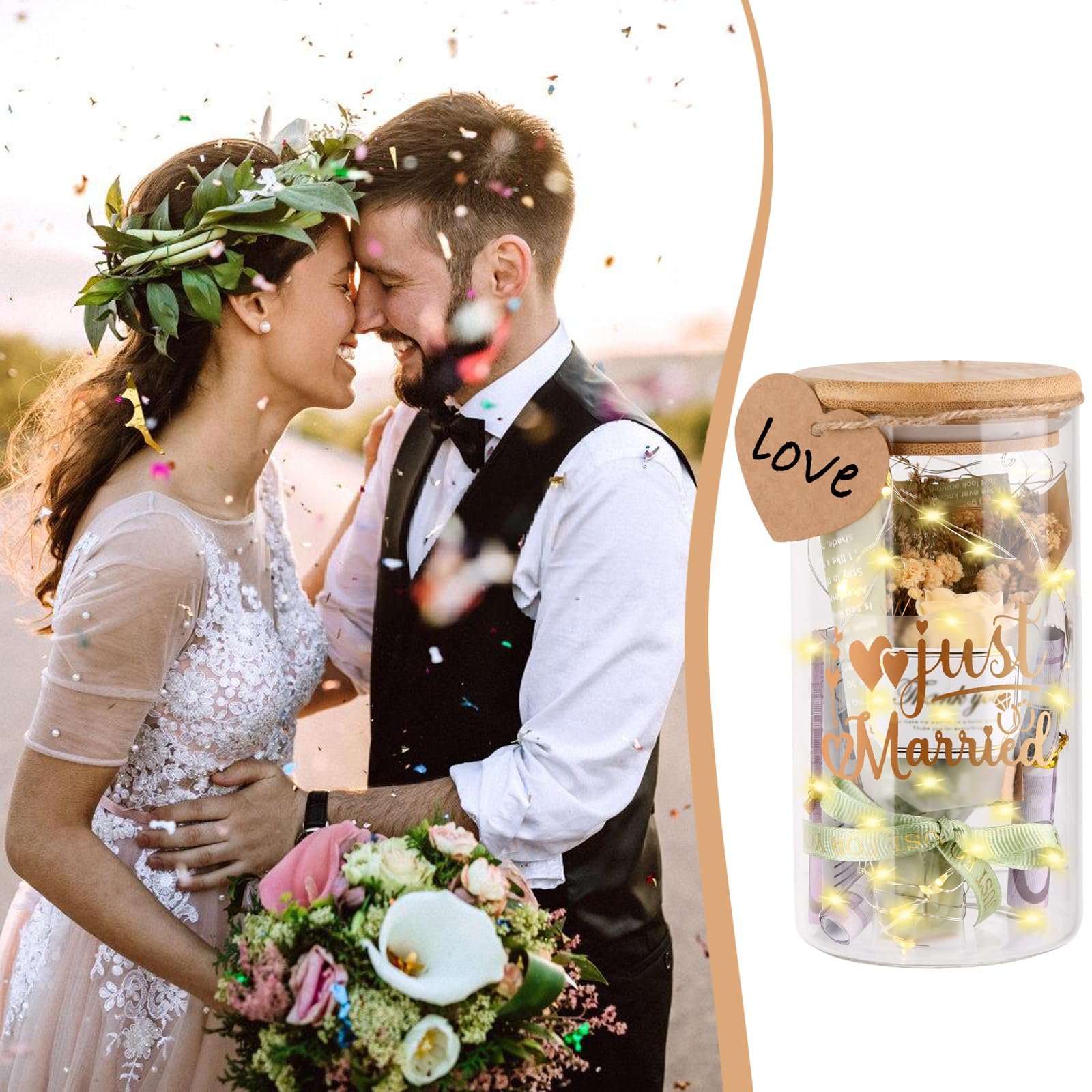 Свадебные подарки для жениха и невесты, светодиодная подсветка Just Married, засушенные цветы, подвеска, фото №6