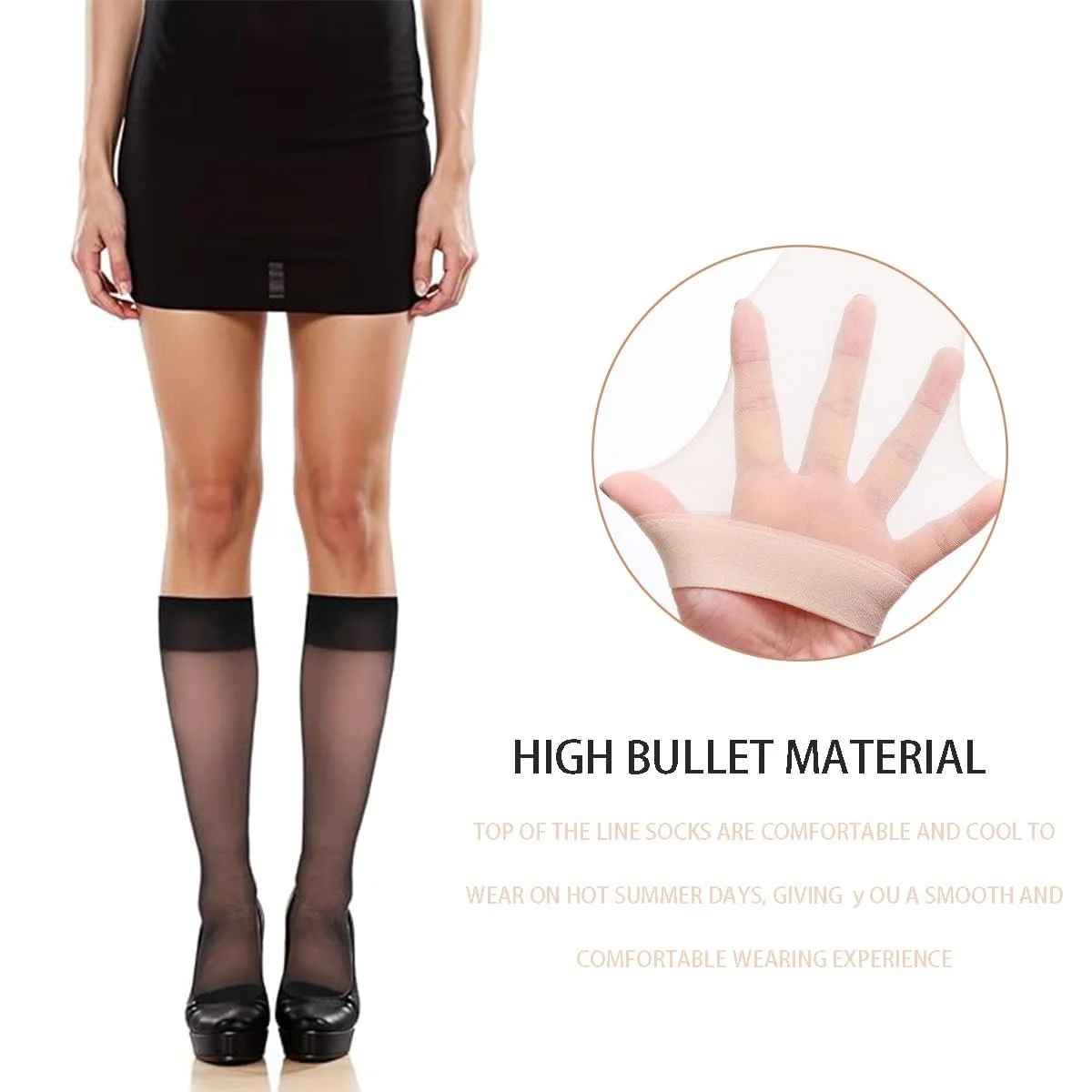 Чулки женские до колена, 8 пар, нейлоновые, тонкие, легкая поддержка, прозрачные, черные и телесные, фото №4