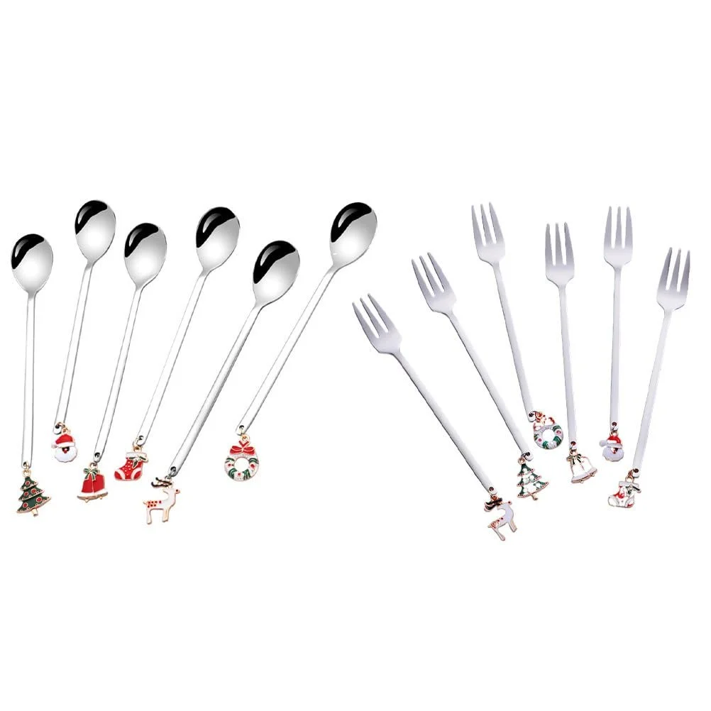 Ложка Кавова HEMOTON Набір 12 штук Різдвяна з нержавіючої сталі Сріблястий (6 ложок + 6 виделок), фото №1