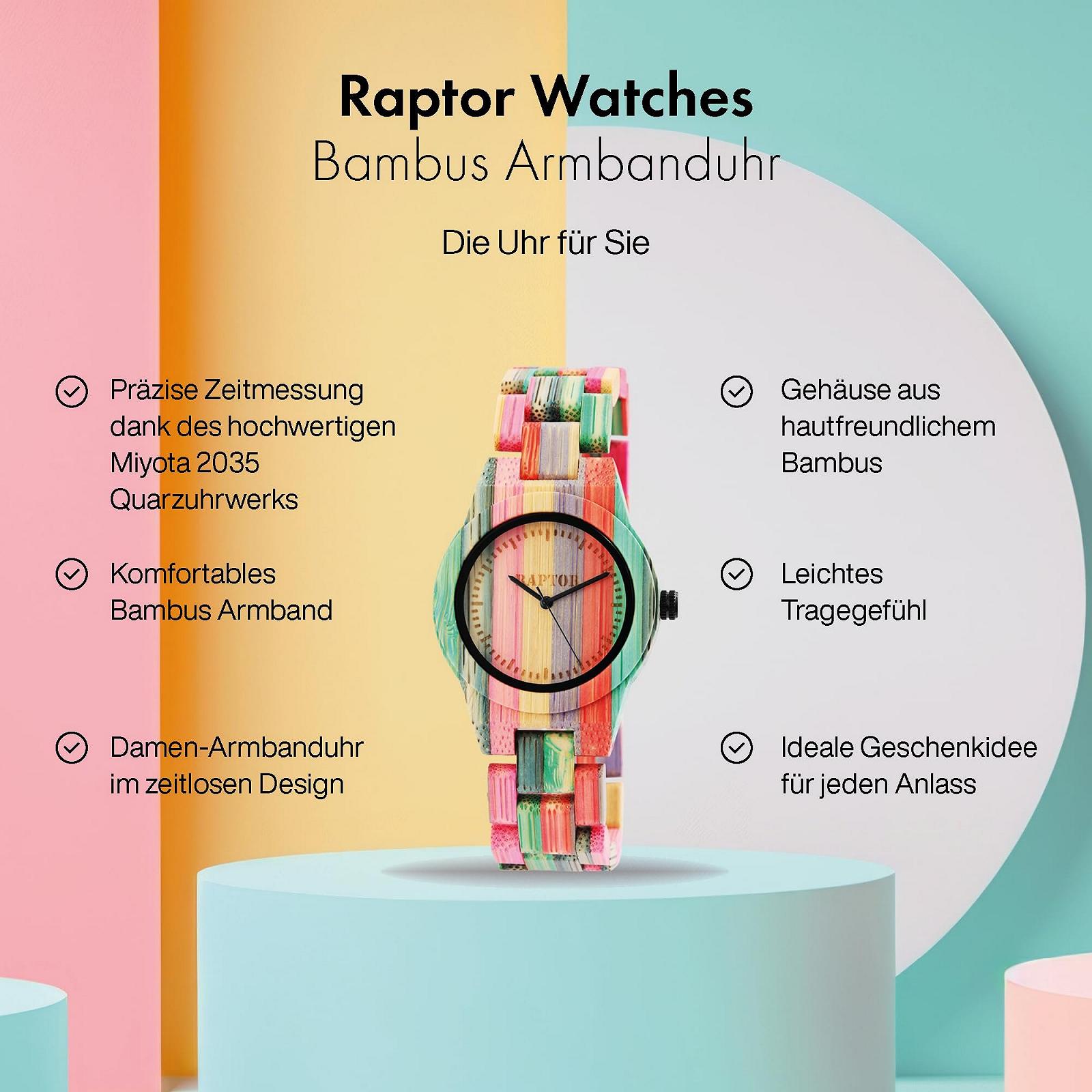 Женские деревянные часы Raptor Raina RA10188, бамбуковые, аналоговые, кварцевые, разноцветные, современные, фото №2