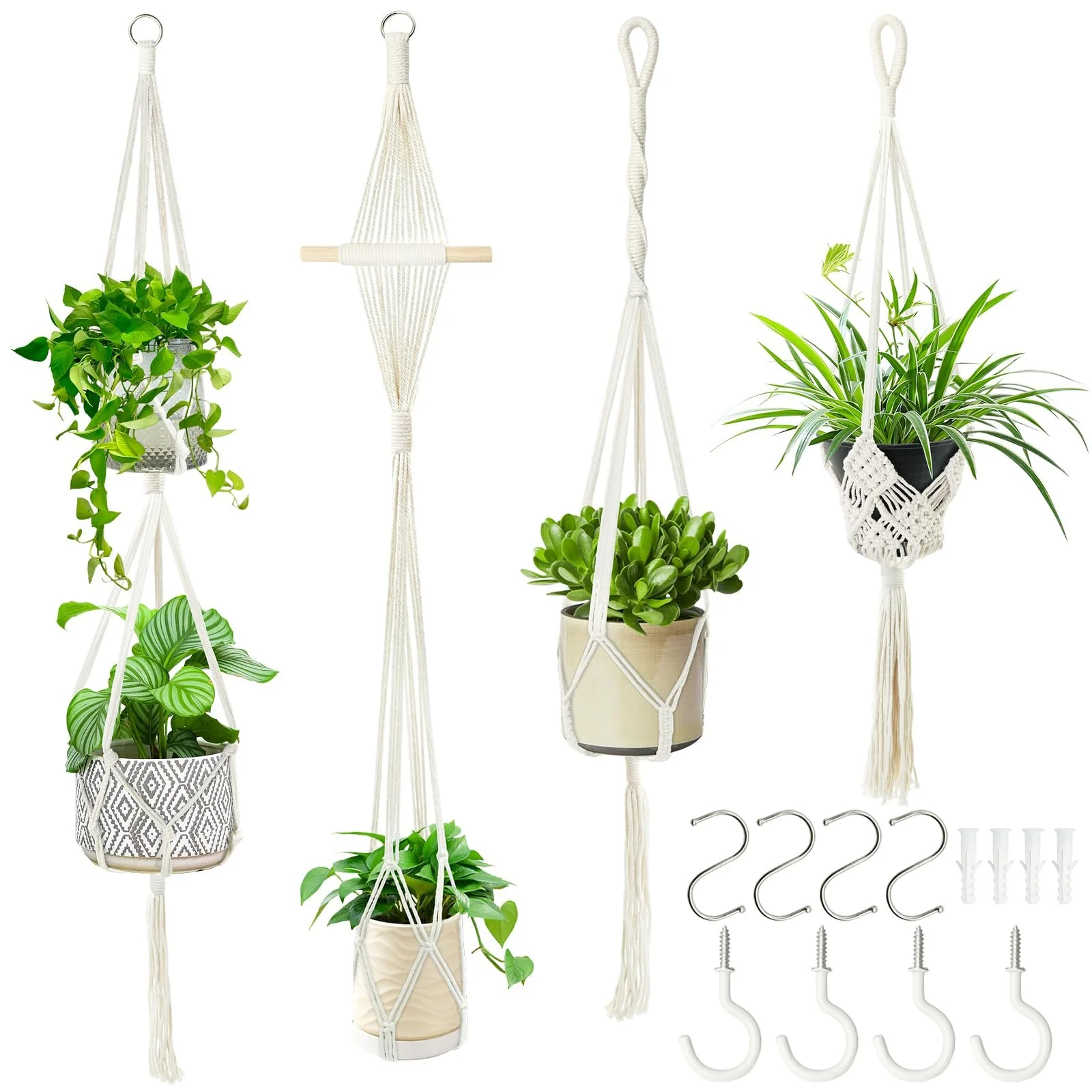 Підвісні кошики макраме з бавовняного каната в стилі бохо з гачками набір із 4 шт. білі, фото №1 Підвісні кошики макраме з бавовняного каната в стилі бохо з гачками набір із 4 шт. білі, фото №1