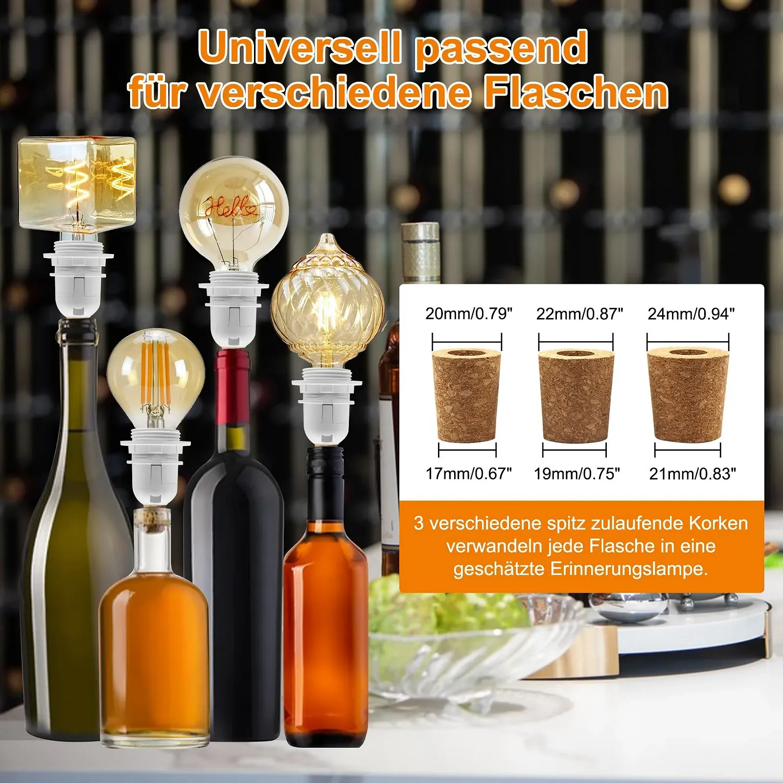 Тримач для ламп для пляшок E27 білий патрон з вимикачем та кабелем 240 см 3 типи пробок, фото №3