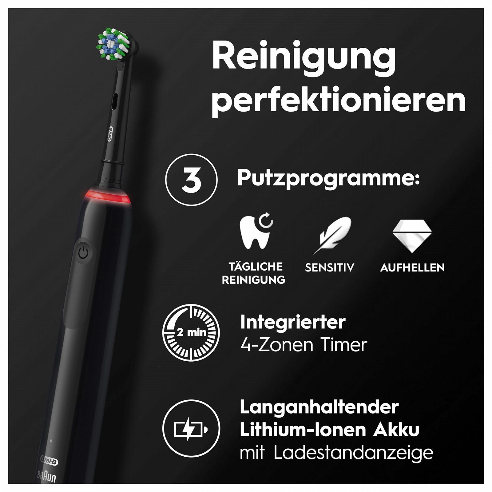 Електрична зубна щітка Oral-B Pro Series 3, 3 режими чищення, 360° контроль тиску, 2 змінні насадки, 1 дорожній футляр, чорний, фото №4