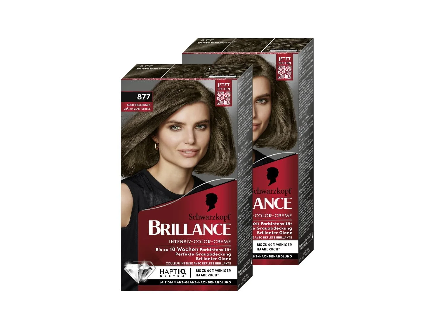 Крем-фарба для волосся Brillance Intensive Colour Cream 877 Попелястий Світло-Коричневий (2 x 170 мл), стійка фарба для волосся з діамантовим блиском та кондиціонером, фарбування на 10 тижнів інтенсивності кольору та 100% покриття сивини, фото №1 Крем-фарба для волосся Brillance Intensive Colour Cream 877 Попелястий Світло-Коричневий (2 x 170 мл), стійка фарба для волосся з діамантовим блиском та кондиціонером, фарбування на 10 тижнів інтенсивності кольору та 100% покриття сивини, фото №1