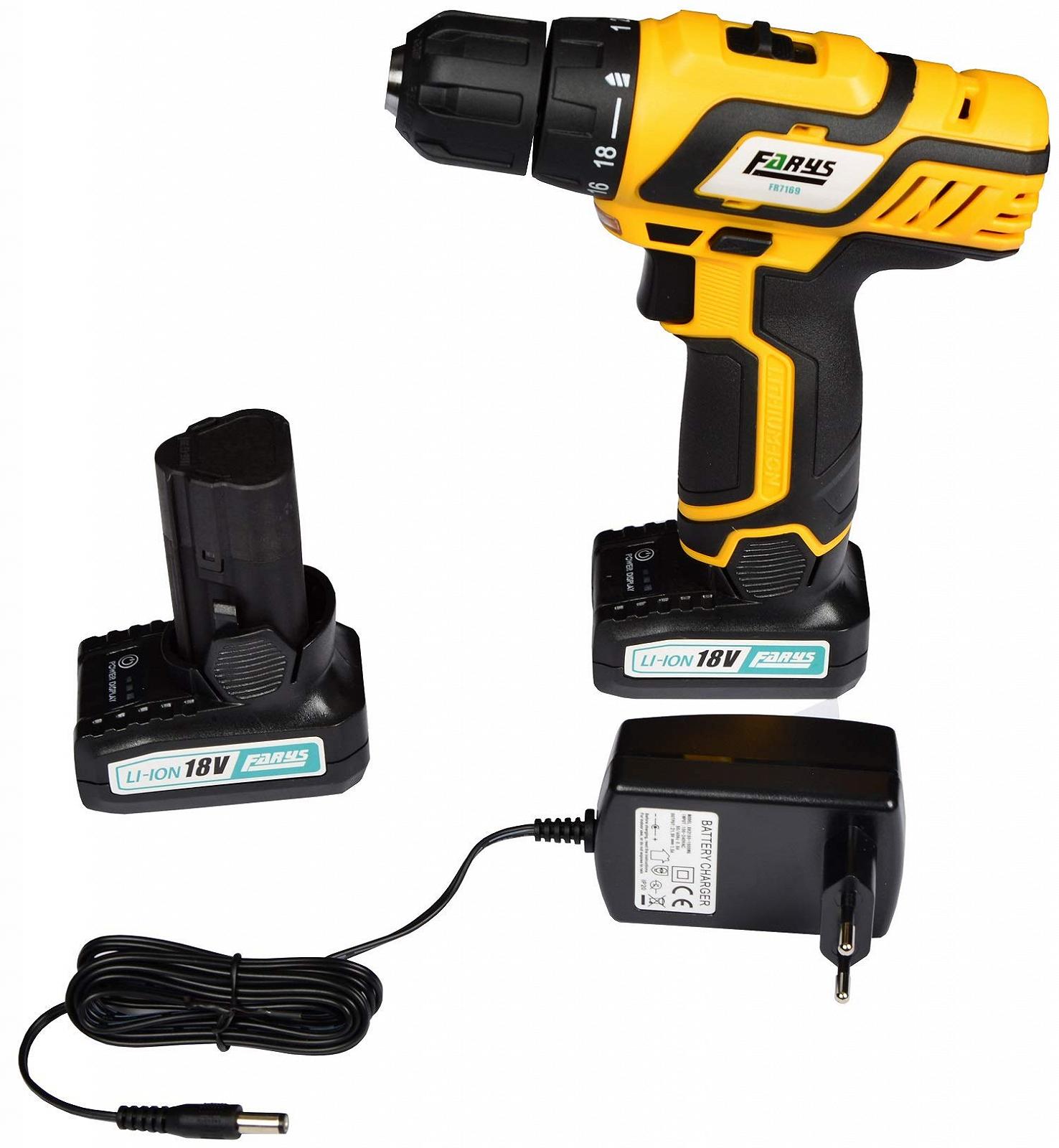 Акумуляторний шурупокрут Farys 18 V LED 1300 mAh з 2x акумуляторами в кейсі, фото №1