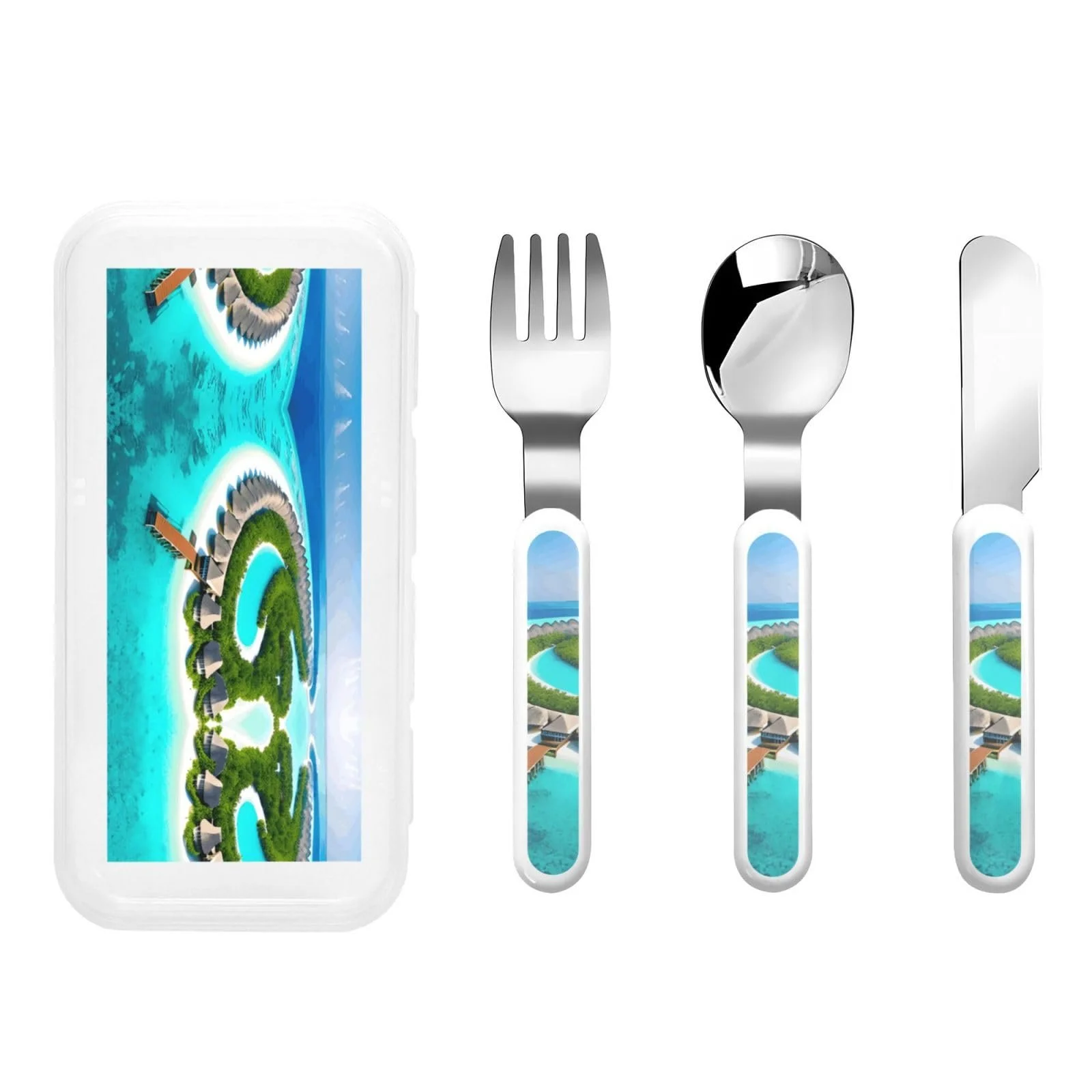 Набір дитячих столових приборів з трьох предметів з малюнком Мальдівських островів багаторазовий, фото №1 Набір дитячих столових приборів з трьох предметів з малюнком Мальдівських островів багаторазовий, фото №1