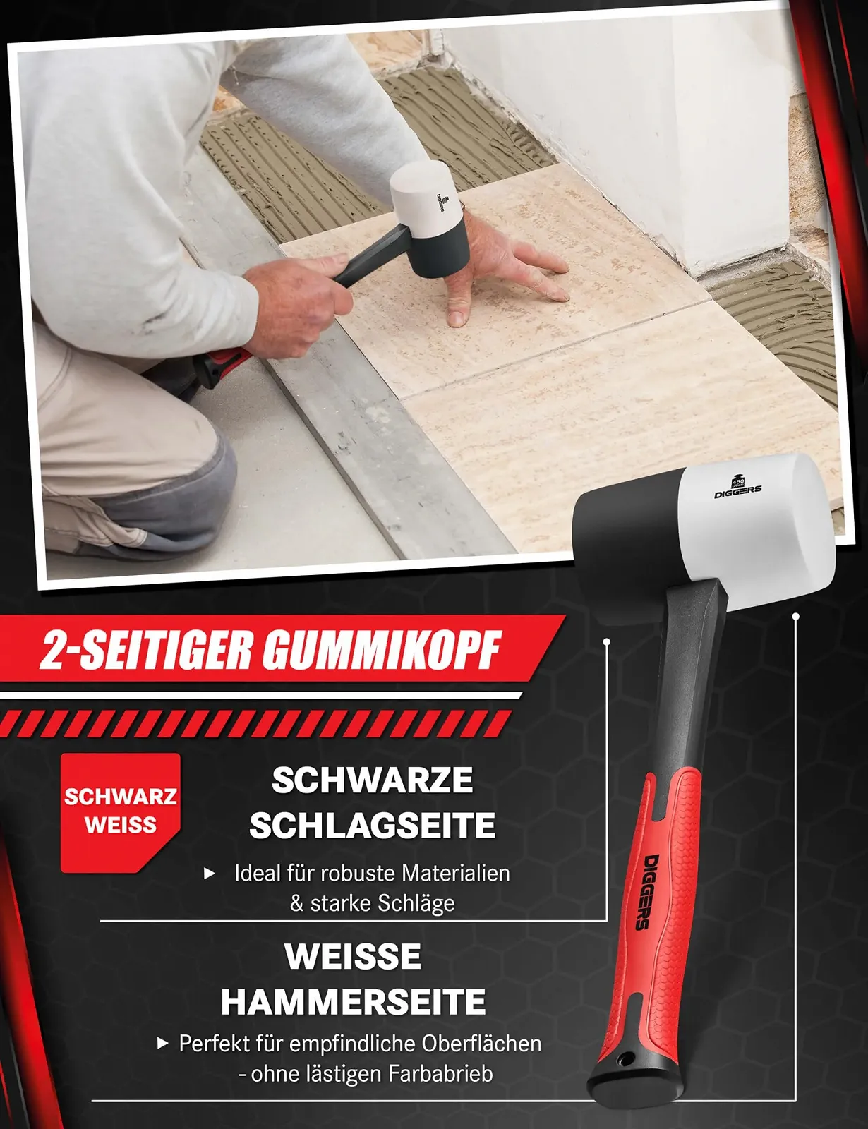 Киянка резиновая Diggers Tools 615 г 55 мм White/Black, фото №5 Киянка резиновая Diggers Tools 615 г 55 мм White/Black, фото №5
