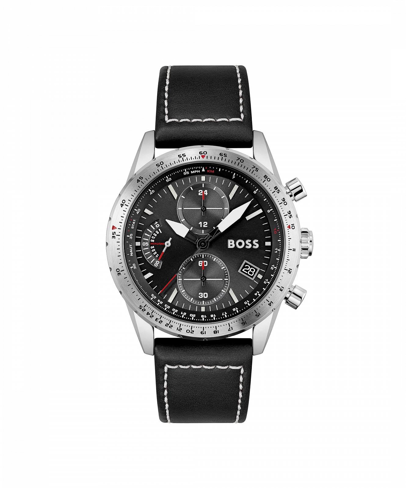 Хронограф BOSS Чоловічі Pilot Edition Chrono 44 мм, чорний циферблат, чорний шкіряний ремінець, функція дати, 3 тоталізатори, водонепроникність 5 атм, чорний, класичний і спортивний, фото №1