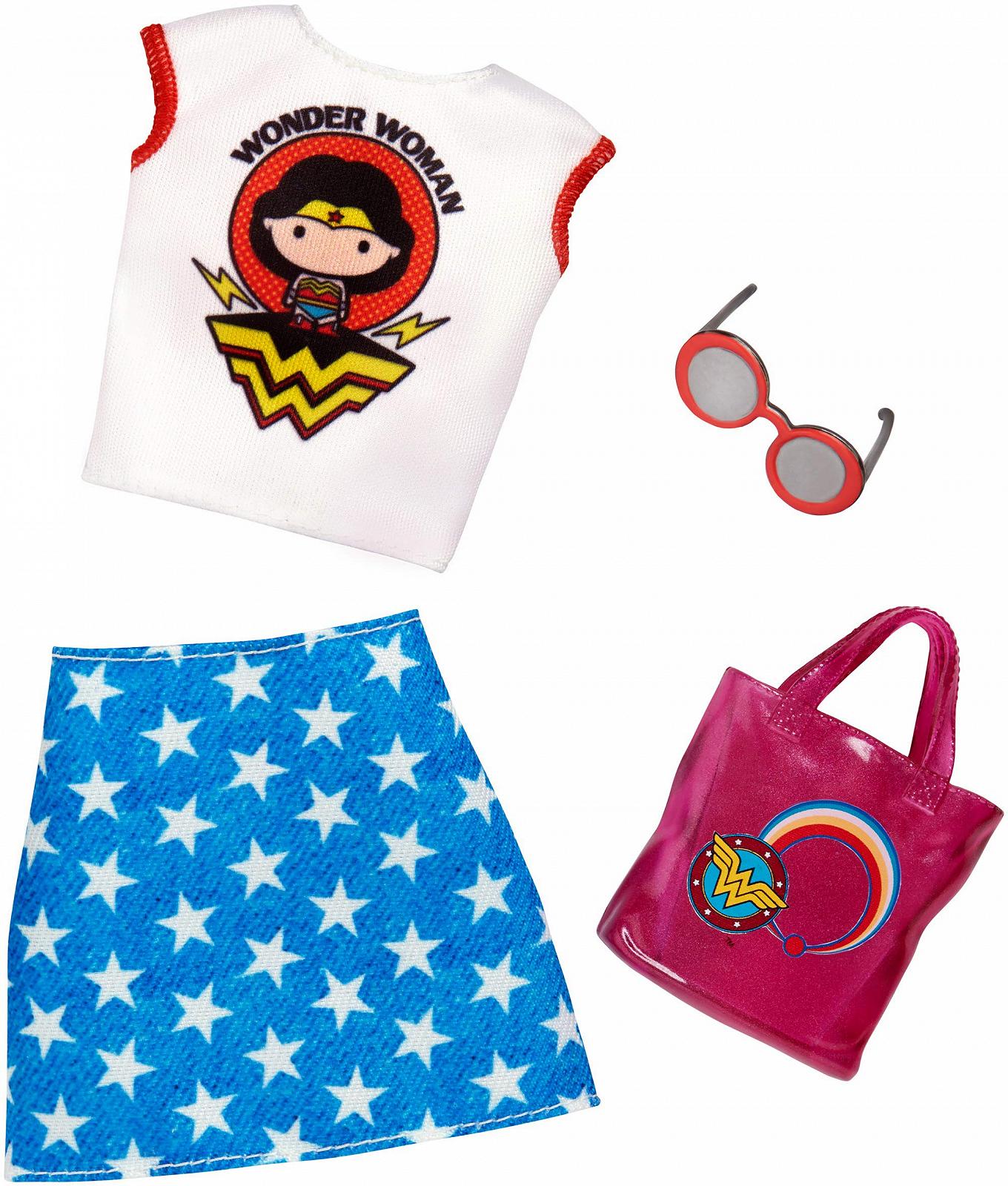 Кукла Mattel Barbie FXK85 Wonder Woman Мода, Одежда, Модный набор - Рубашка с принтом, Юбка со звездами, Блестящая сумочка и Очки, фото №1