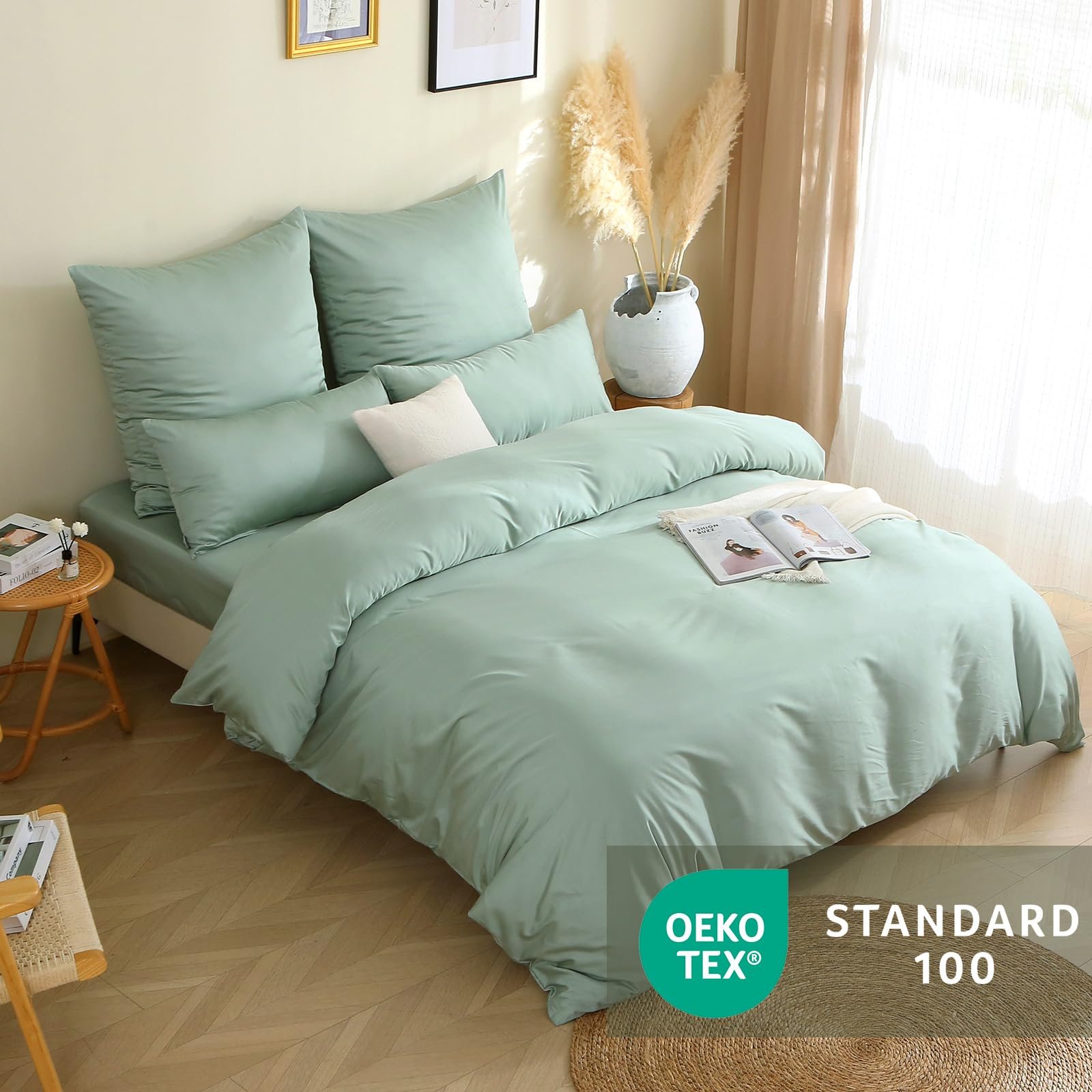 Постільна білизна SOULFUL Mako Satin 135 x 200 см, комплект з блискавкою, Oeko-Tex, включає 1 підковдру 135 x 200 см і 1 наволочку 80 x 80 см, туманно-зелений, фото №3