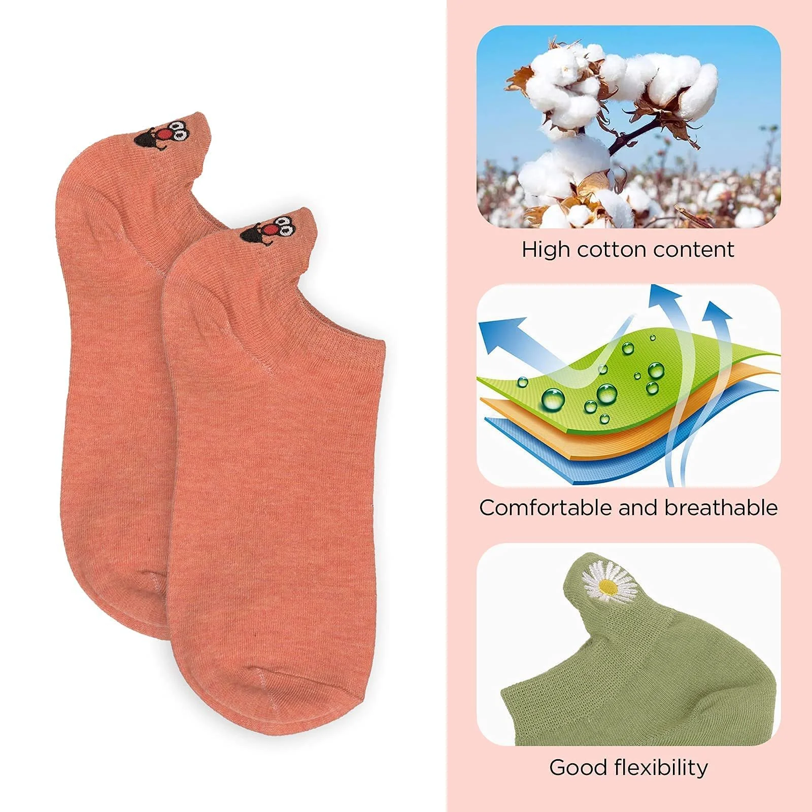 Носки Sneaker Girls' 10 пар Хлопок с высокой плотностью Удобные Милые вышитые женские носки Забавные (Случайный цвет), One Size, Мультяшные носки, фото №7