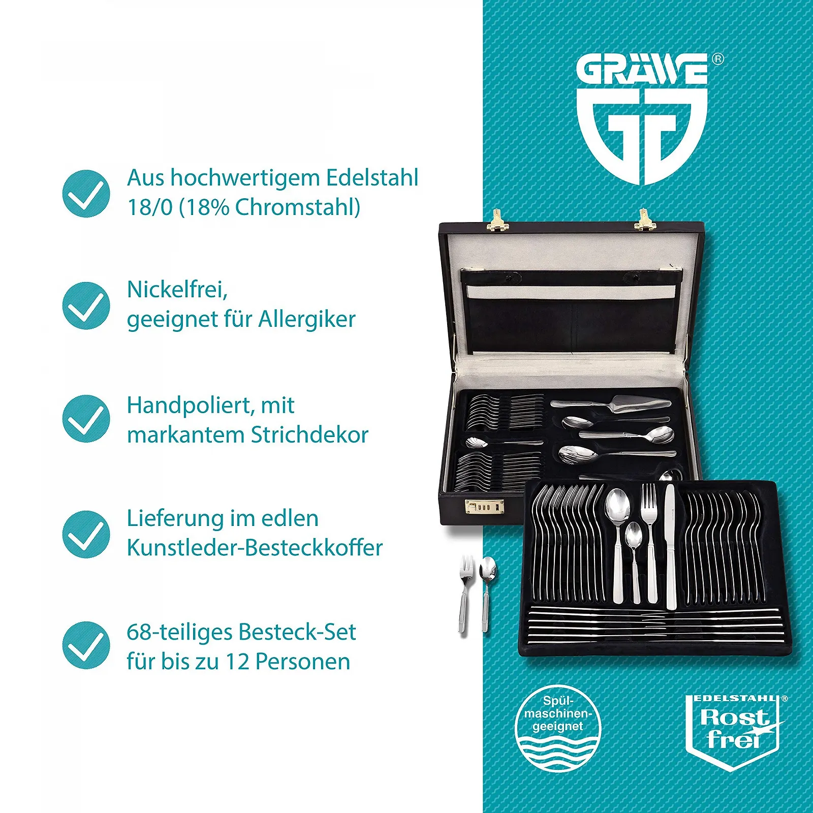 Набір столових приборів GRÄWE Leipzig 68 предметів з нержавіючої сталі 18/0 на 12 персон, фото №2