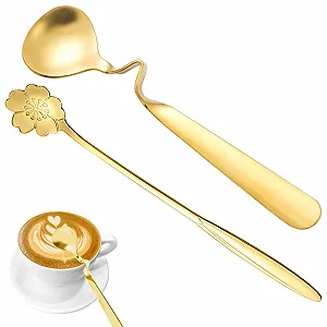 Ложка для меда, Ложка для варенья, Чайная ложка, Кофейная ложка из нержавеющей стали, Ложка для хлопьев, Маленькая ложка, Набор из 2 десертных ложек, для напитков, чая, молока и молочных коктейлей (Золотой) - Фото 1