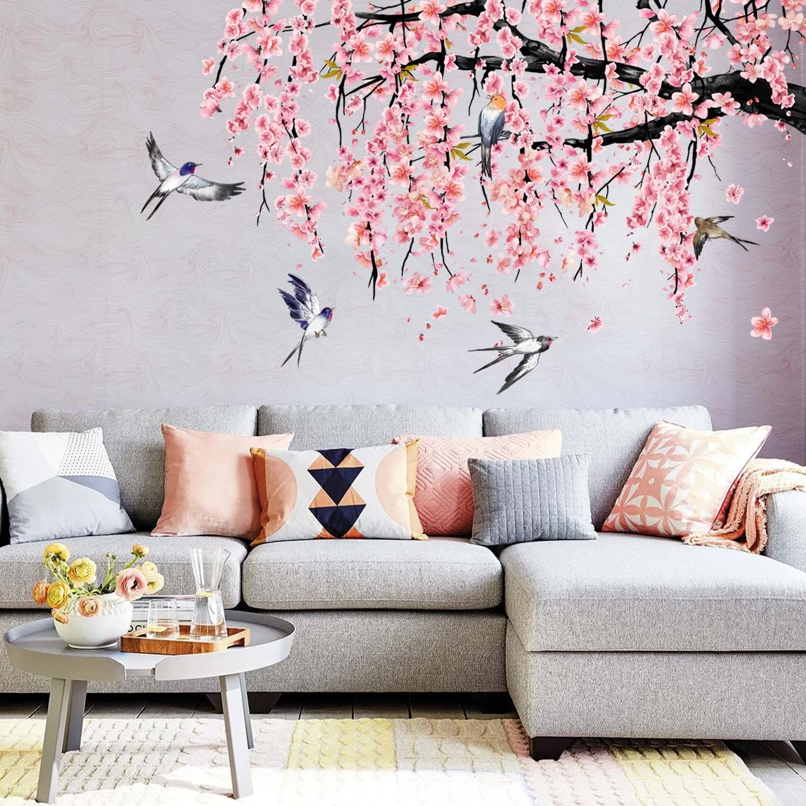 Наклейка на стіну Watercolour Cherry Blossom Birds Pink Tree Branch велика Рожевий, фото №2
