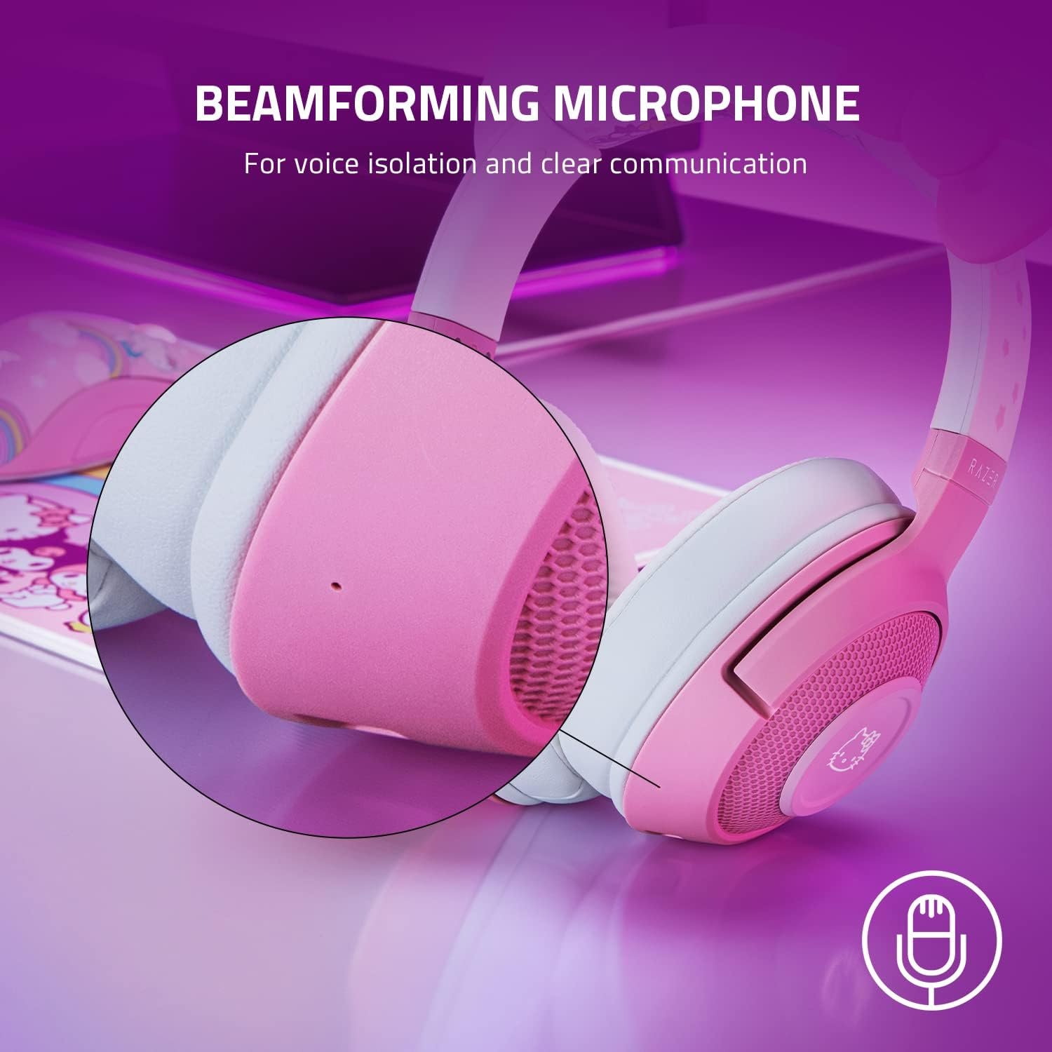 Беспроводные наушники Razer Kraken Hello Kitty / Bluetooth 5.0 / Радиоканал / Подсветка / Бело-розовые (RZ04-03520300-R3M1), фото №4