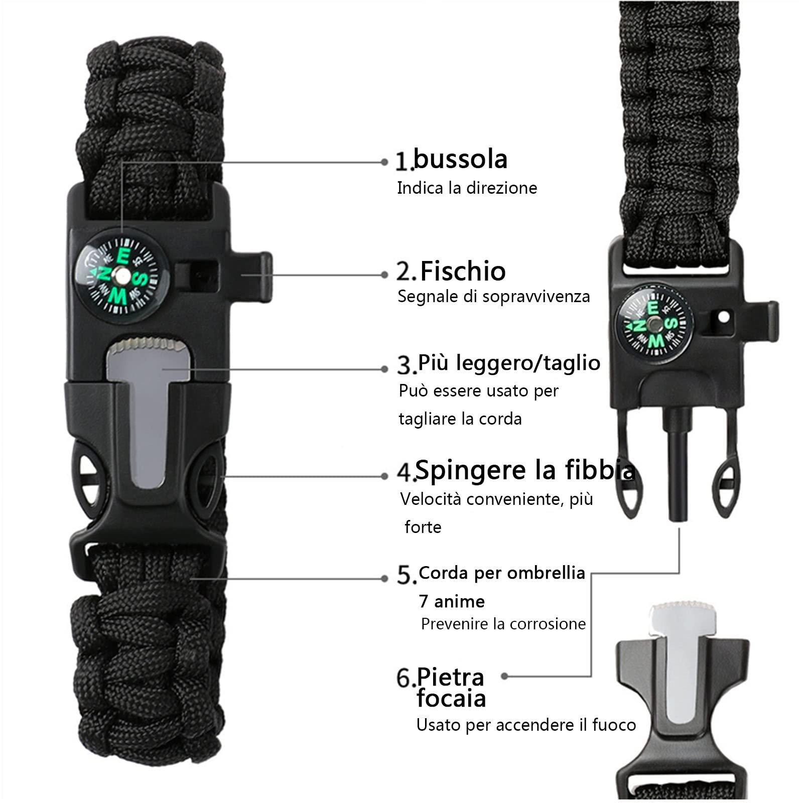 Браслет Paracord ABD, набір з 2 браслетів для виживання, із запальничкою, компасом, лезом, свистком, пряжкою, для активного відпочинку, такого як піші прогулянки, кемпінг, альпінізм, екстрений виклик тощо., фото №4