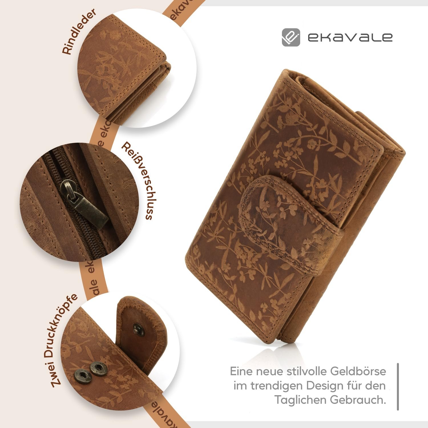 Гаманець Жіночий Ekavale Blossom Pattern Шкіряний RFID Захист, коричневий, Класичний, фото №5