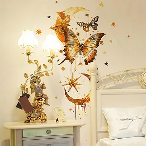Наклейка на стіну Метелик Місяць Зірка Водонепроникна Вінілова Знімна Золота - Фото 1